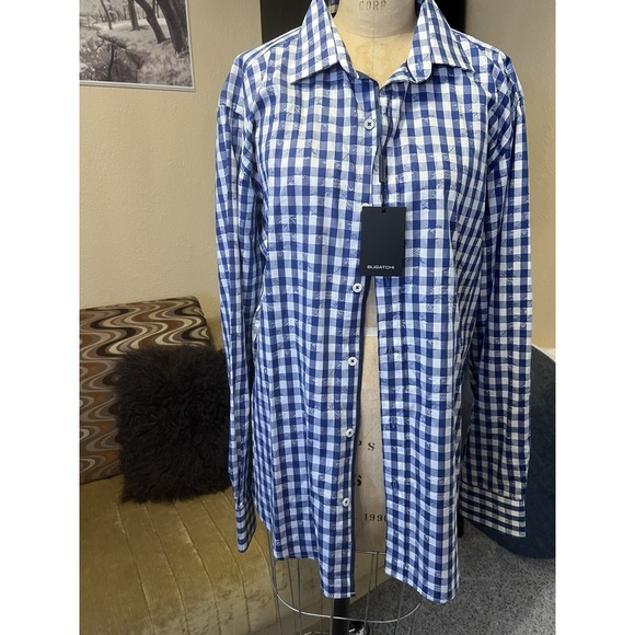 Bugatchi NeMens Medium Shaped Fit Blue / White Plaid Long Sleeve Shirt Light